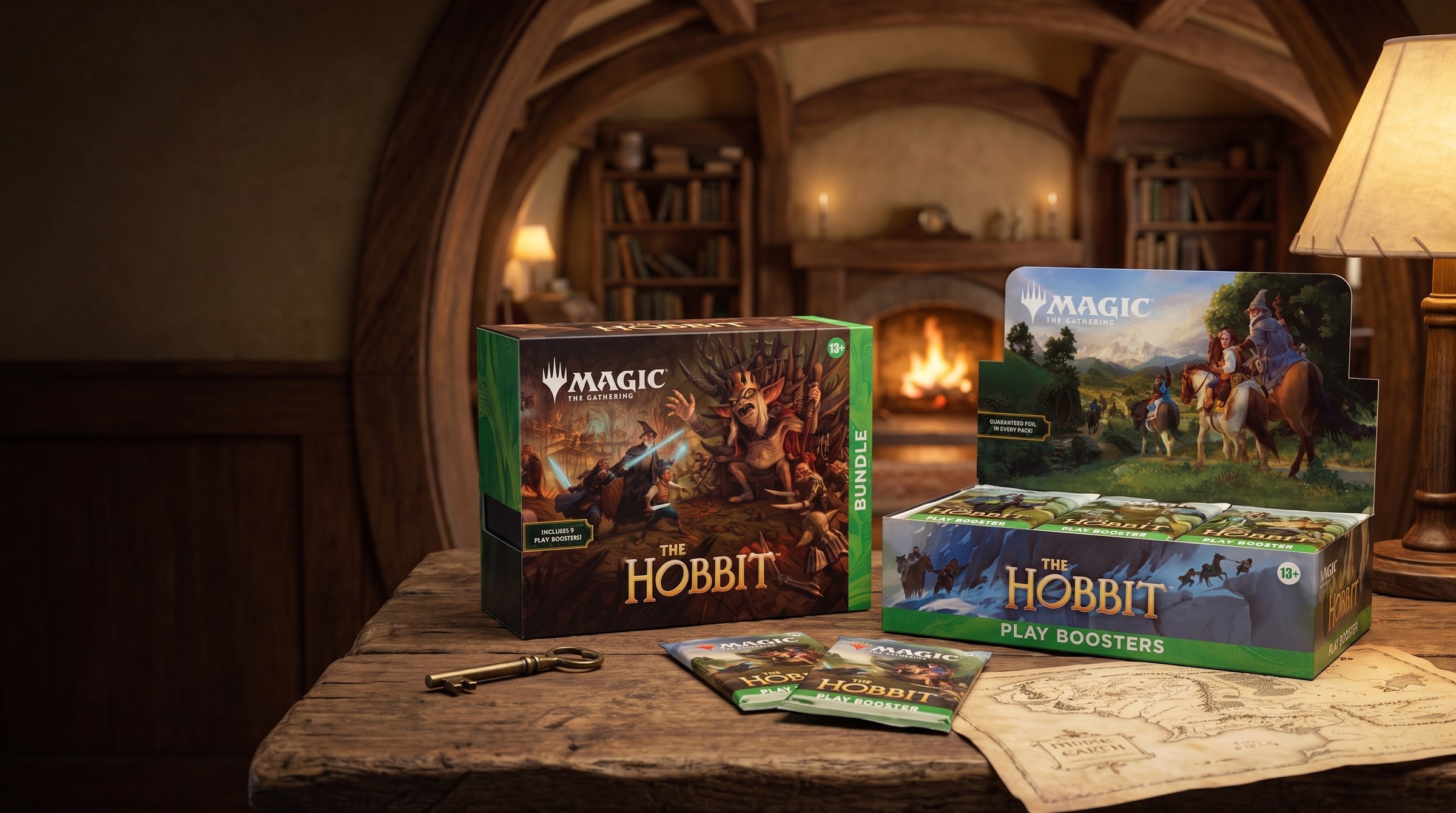 MTG The Hobbit Bundle ir Play Booster dėžė ant stalo hobito namelyje