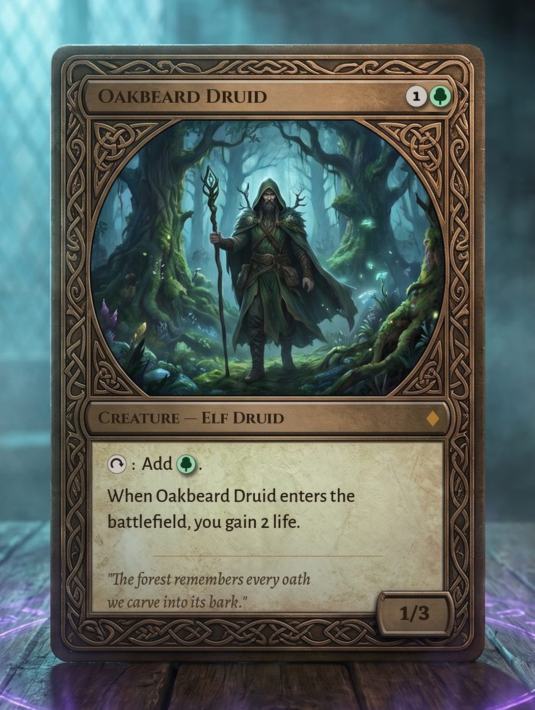 Pavyzdinė korta Oakbeard Druid su visomis dalimis