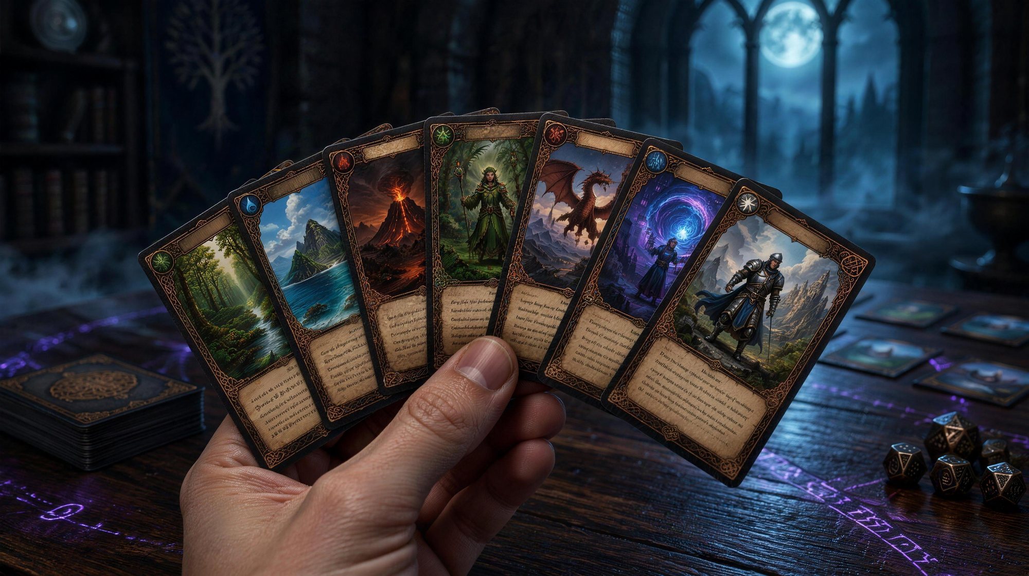 Žaidėjo ranka su septyniomis kortomis prie Magic stalo
